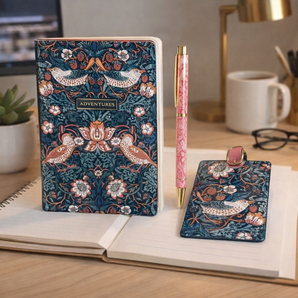 William Morris Strawberry Thief Travel Journal Gift Set Notebook Pen Luggage Tag